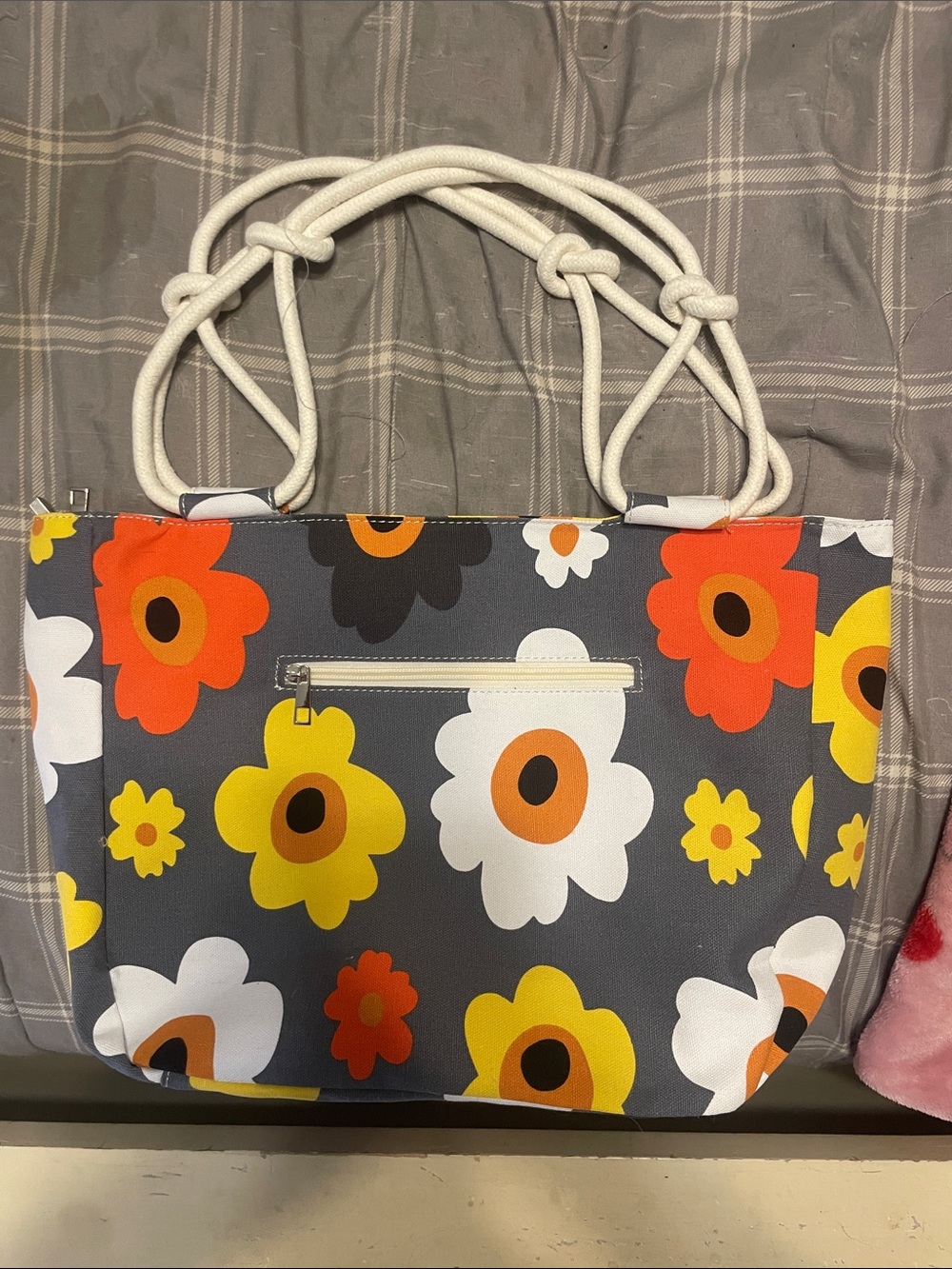 Gray Floral Canvas Tote with White Rope Handles